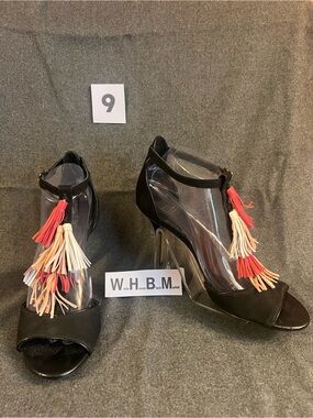 White House Black Market Black Open-Toe Heels with Pink, Cream & Coral Tassels